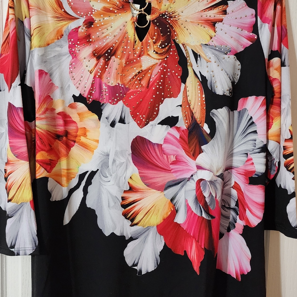 JM Collection Women's Black Floating 3/4 Sleeve Floral Print Top Black XL